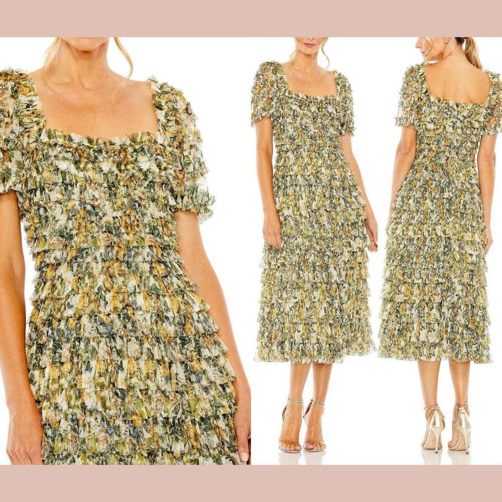 NWT Mac Duggal [‎ 6 ] 8232 Floral Square Neckline Ruffle Midi Dress Gold #S2014